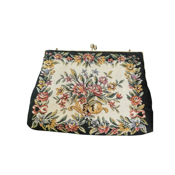 VTG Petit Point Embroidered Purse Floral Design Gold Shoulder Strap Hong Kong - Picture 4 of 9